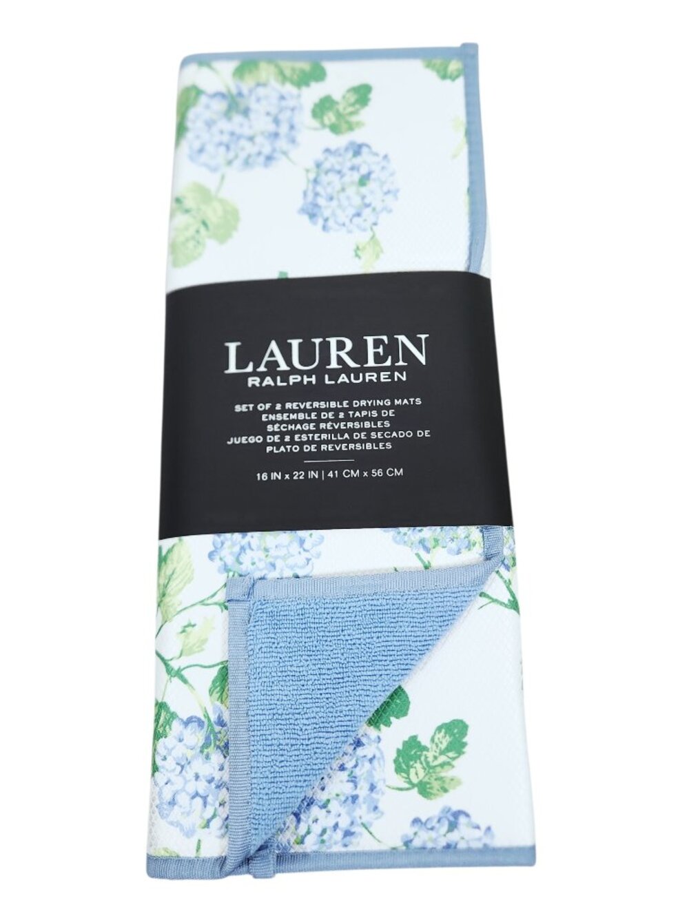 Ralph Lauren Set of 2 Drying Mats Reversible 16 in x 22 in Blue Hydrangea Floral